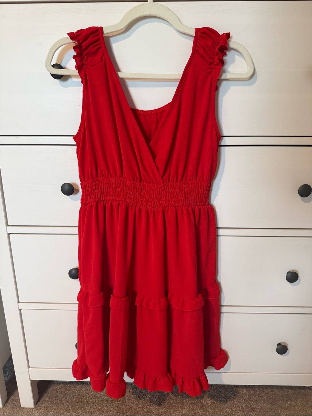 Amazon Red Ruffled Sleeveless Smocked Waist Dress